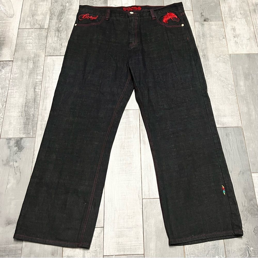 Coogi Embroidered Red Phoenix Dragon Contrast Stitching Rigid Denim Jean 44x 34